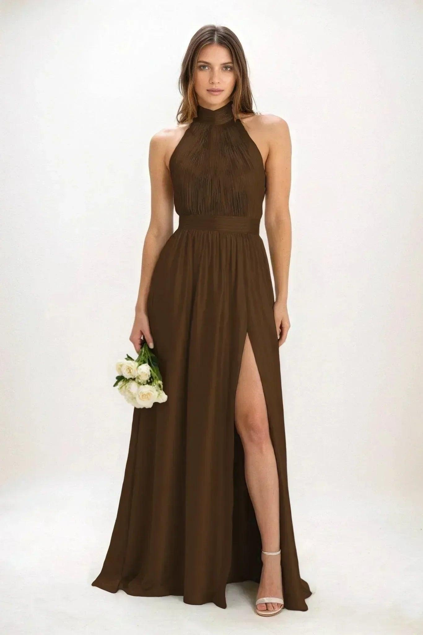 A-Line Maxi Luxe Satin Dress CB0852CS - Bitter Chocolate - COCOMELODY